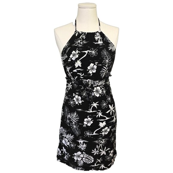 Womens Black White Halter Dress Hawaiian Print Sundress Tropical Beach Cute Sz S - Picture 1 of 8